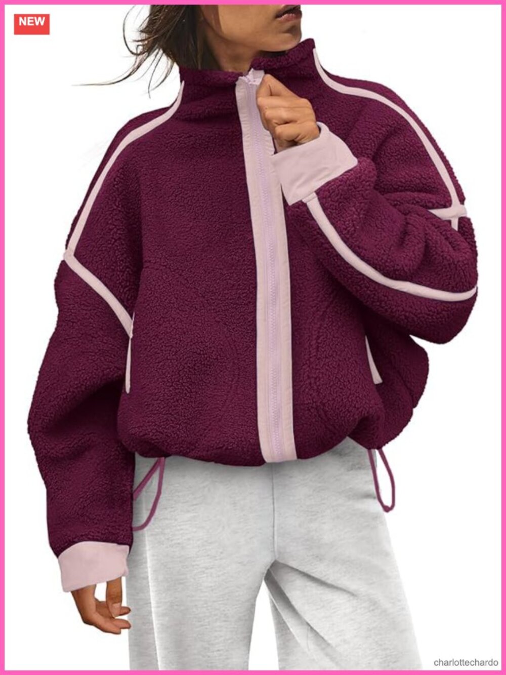 Sherpa Fleece Jacket Women Cropped Zip Up Long Sleeve Cinch Waist Coat